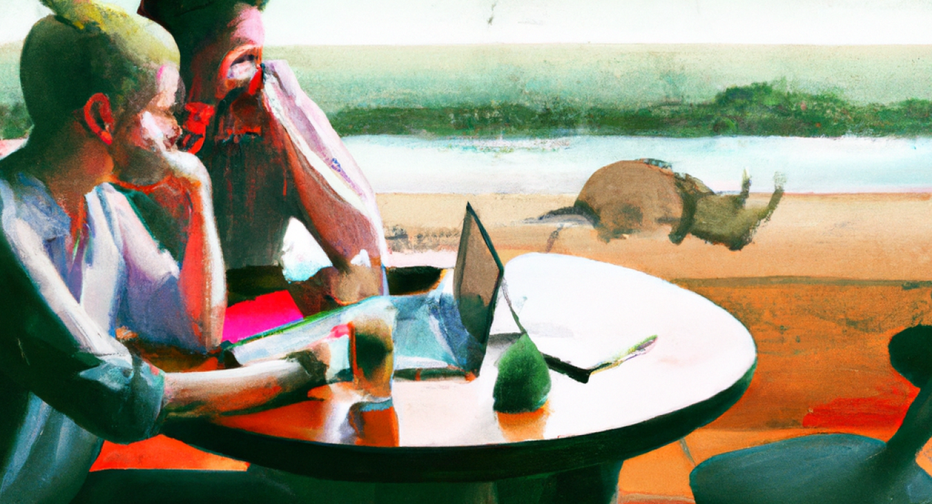 A blonde female university professor with a red notebook and a male software developer with a laptop collaborate colorfu