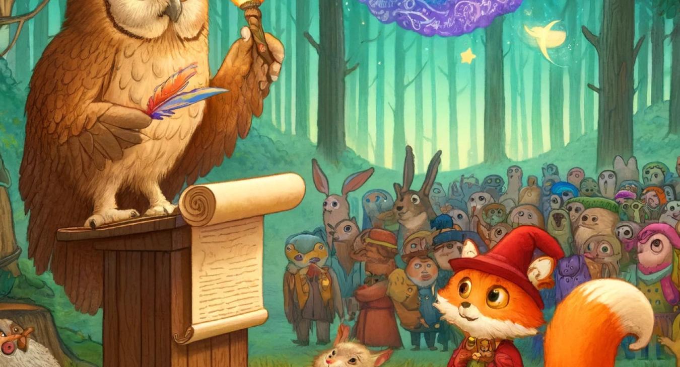 A whimsical illustration of a forest scene from a fairy tale. In the center, a wise old owl stands on a podium, using colored quills to craft a story