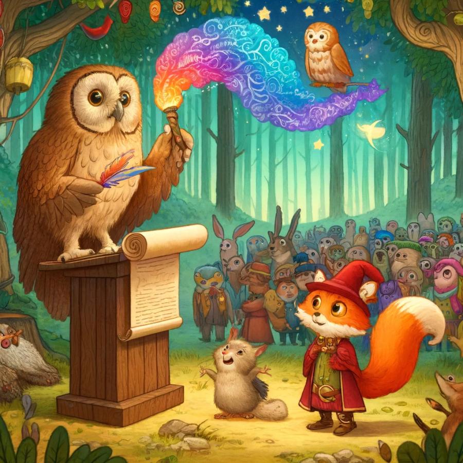 A whimsical illustration of a forest scene from a fairy tale. In the center, a wise old owl stands on a podium, using colored quills to craft a story